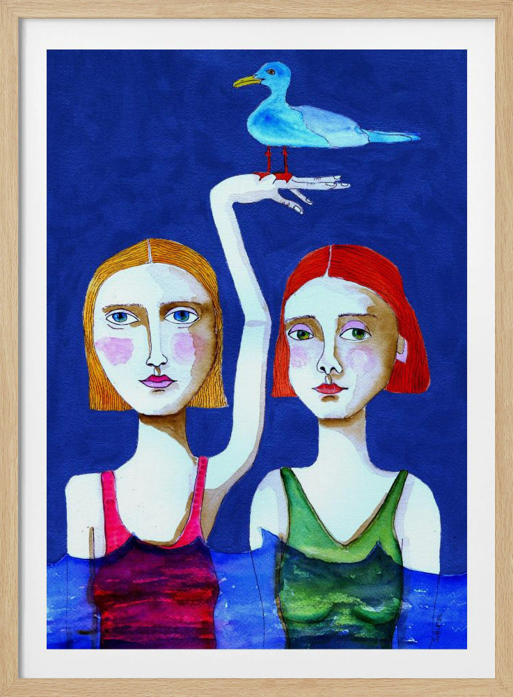 Zwemmende dames met blauwe vogel | Poster