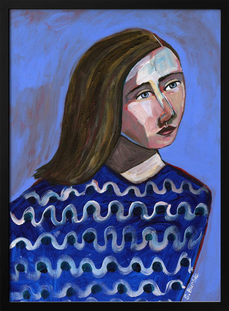 Vrouw in blauwe trui Naïef portret figuratief | Poster