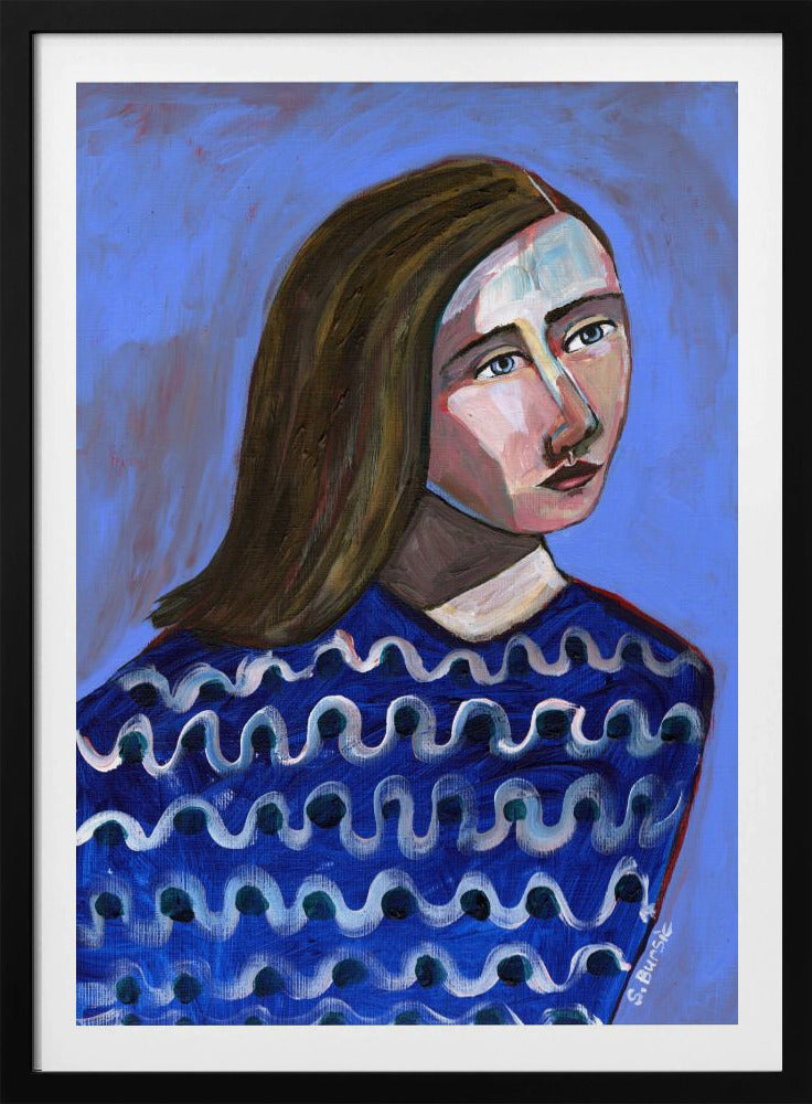 Vrouw in blauwe trui Naïef portret figuratief | Poster