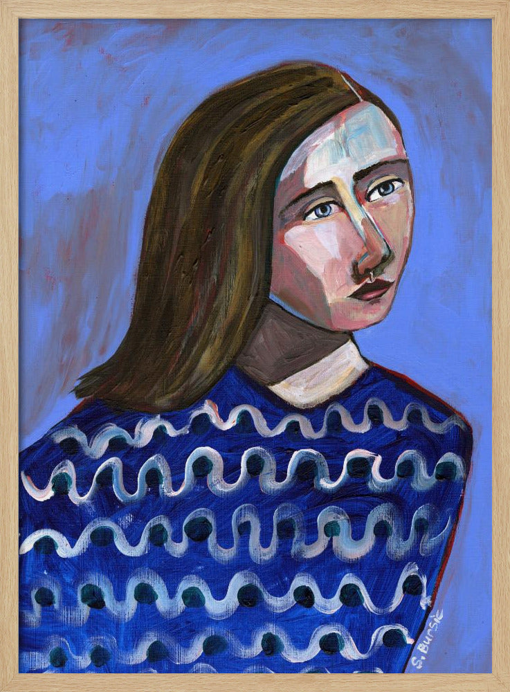 Vrouw in blauwe trui Naïef portret figuratief | Poster