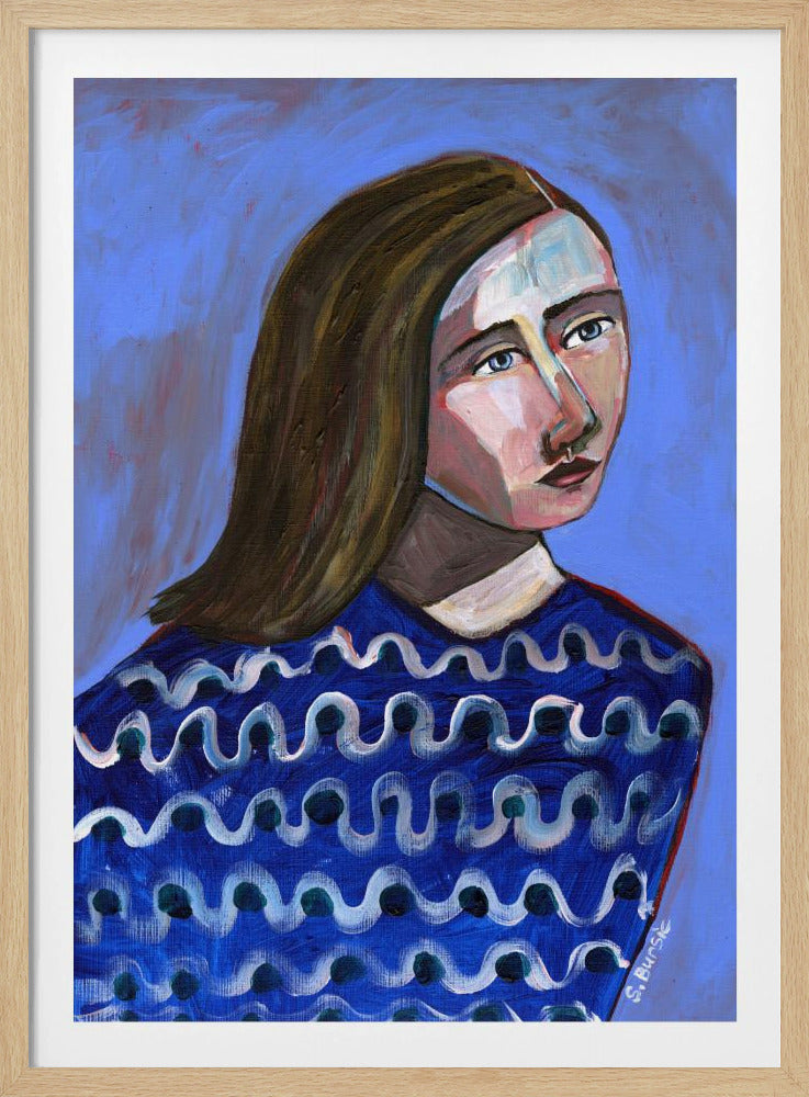 Vrouw in blauwe trui Naïef portret figuratief | Poster