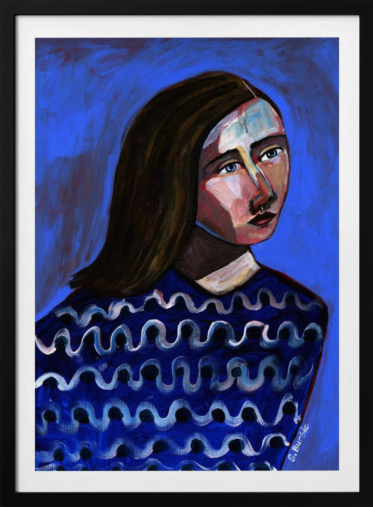 Vrouw in blauwe trui Naïef portret figuratief | Poster