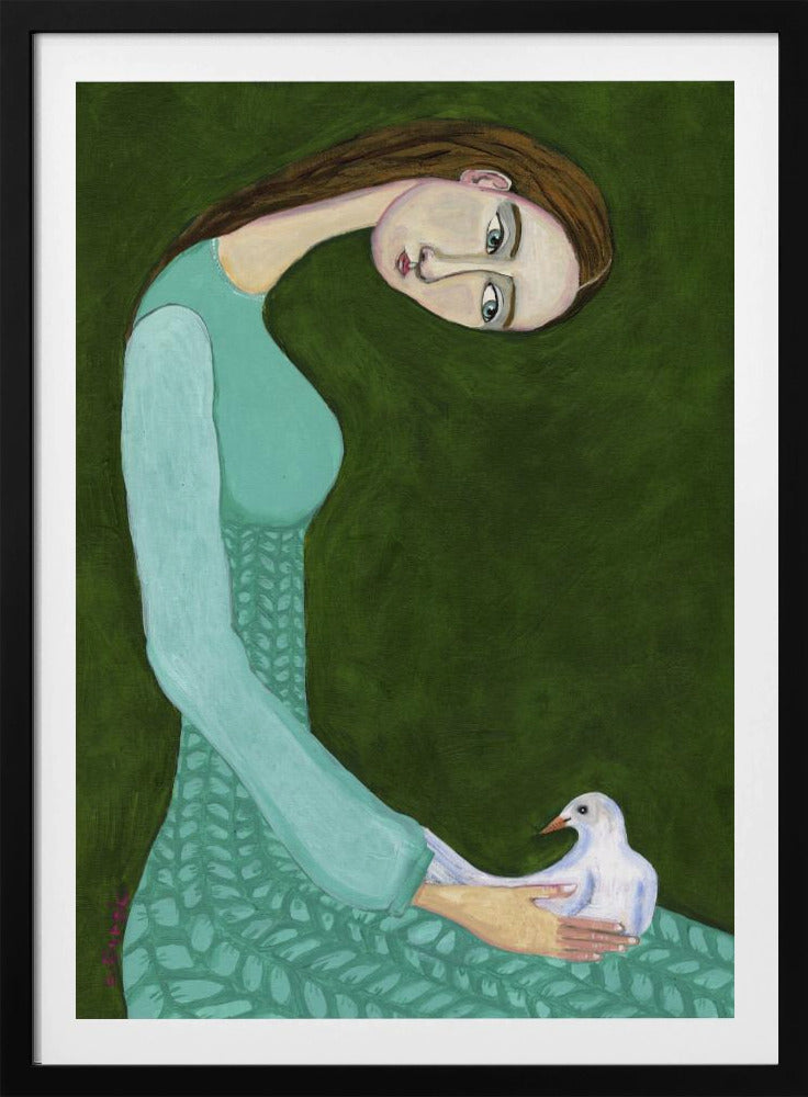 Dame zittend met witte duif | Poster