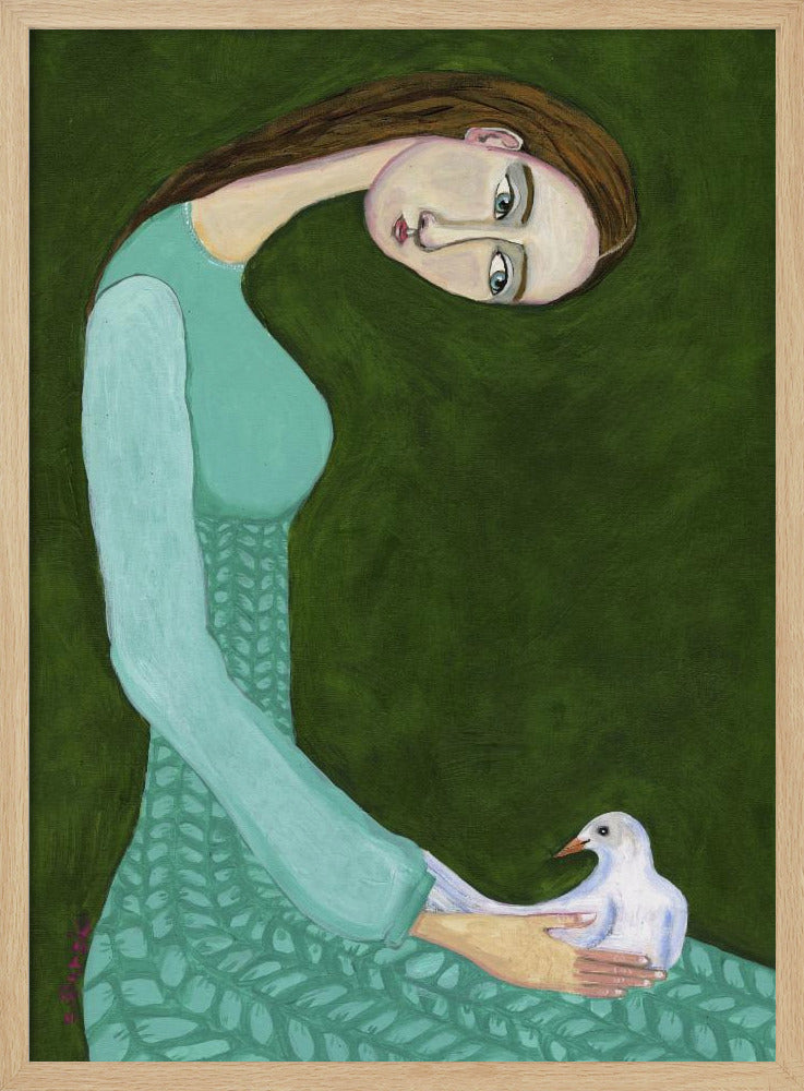 Dame zittend met witte duif | Poster