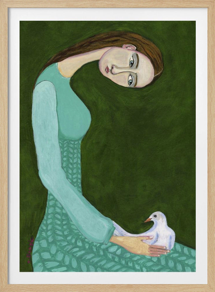Dame zittend met witte duif | Poster