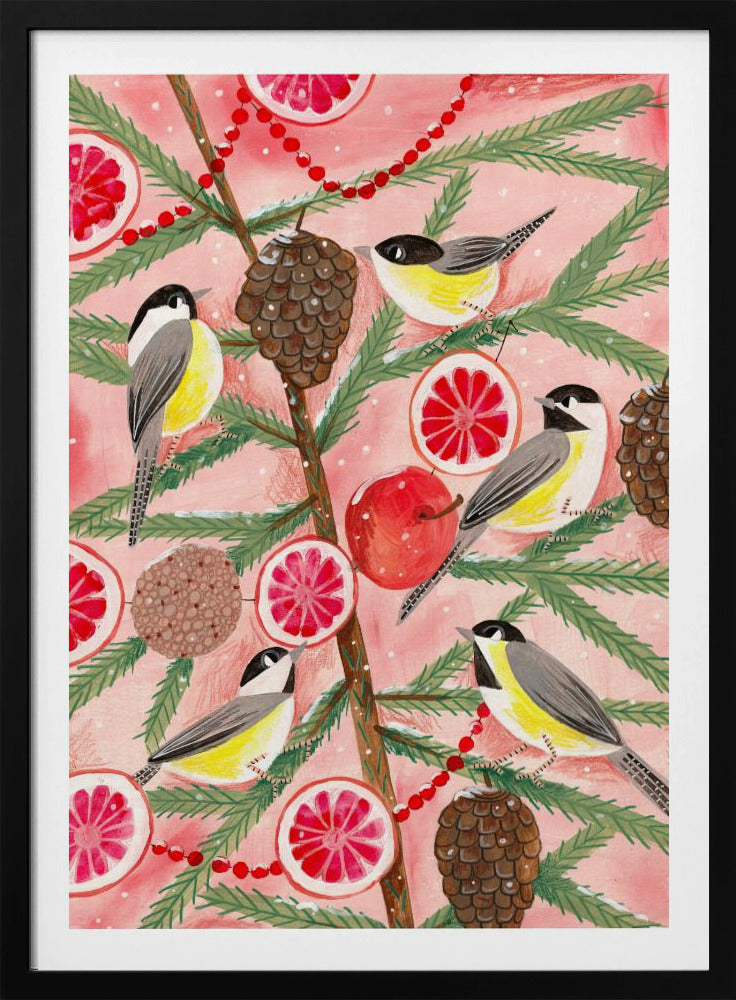 Wintervogels Mezen in de dennenboom met Kerstmis | Poster