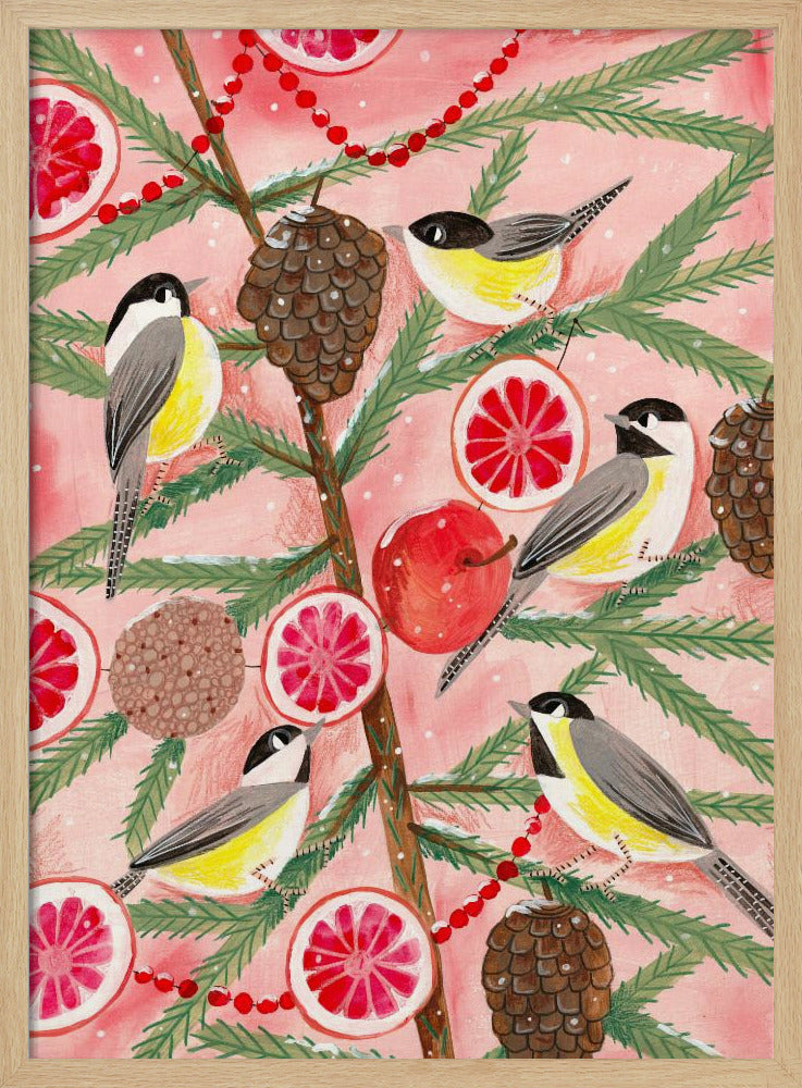 Wintervogels Mezen in de dennenboom met Kerstmis | Poster