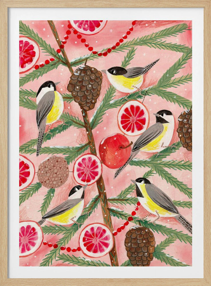Wintervogels Mezen in de dennenboom met Kerstmis | Poster