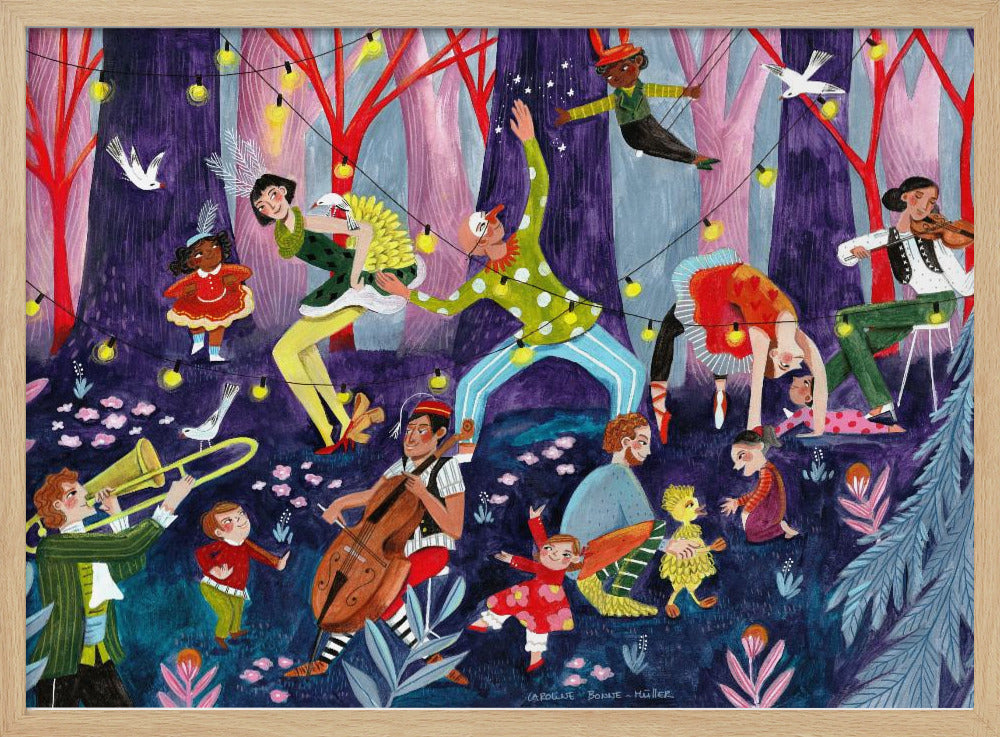 Circusartiesten en kinderen in het bos | Poster