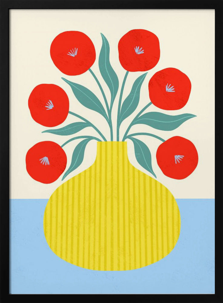 Rode bloemen in gele vaas | Poster