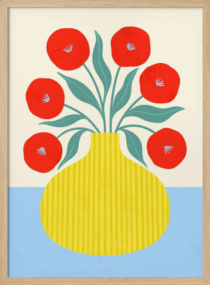 Rode bloemen in gele vaas | Poster