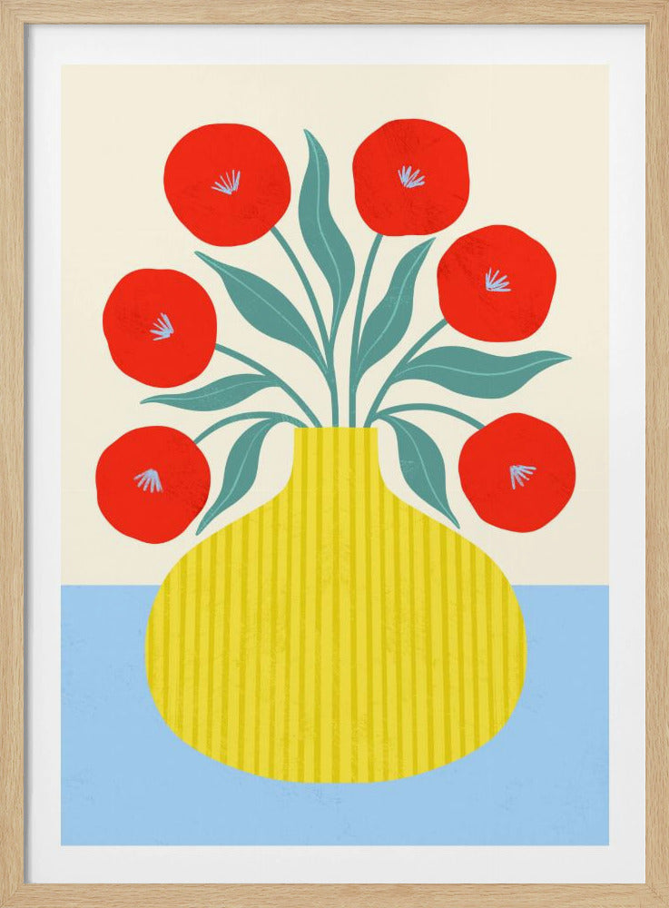 Rode bloemen in gele vaas | Poster