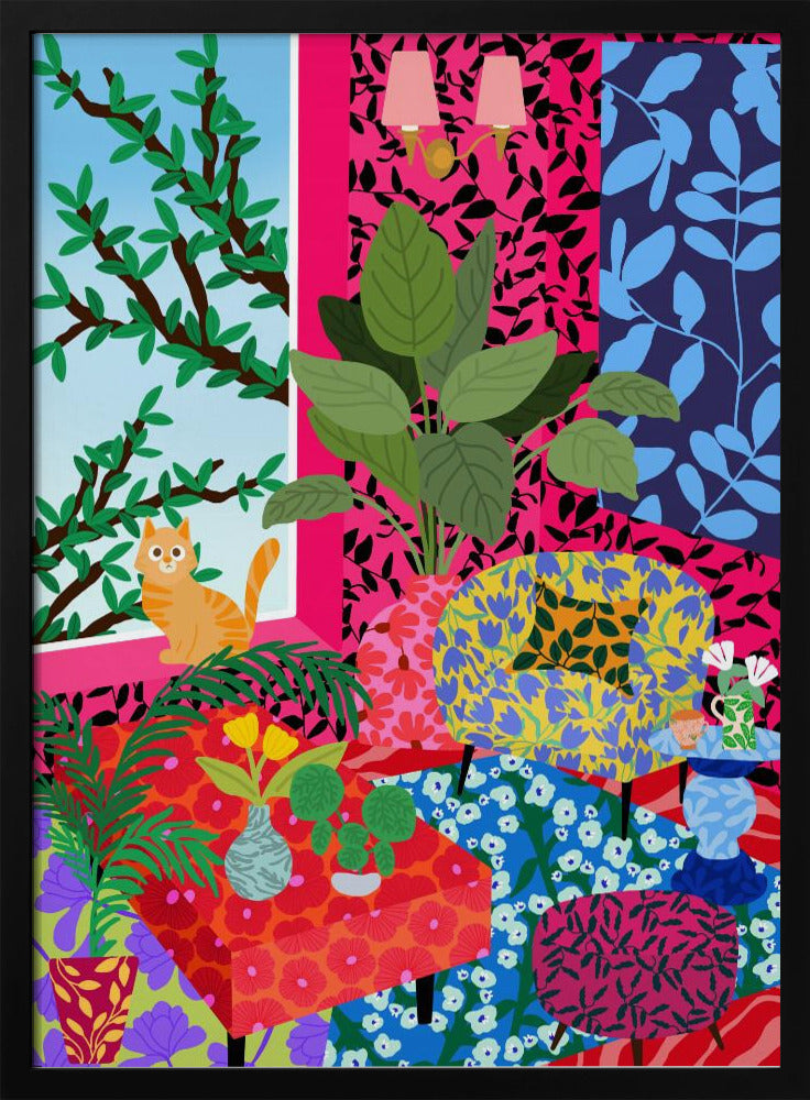 Kat in Flower Power Woonkamer | Poster