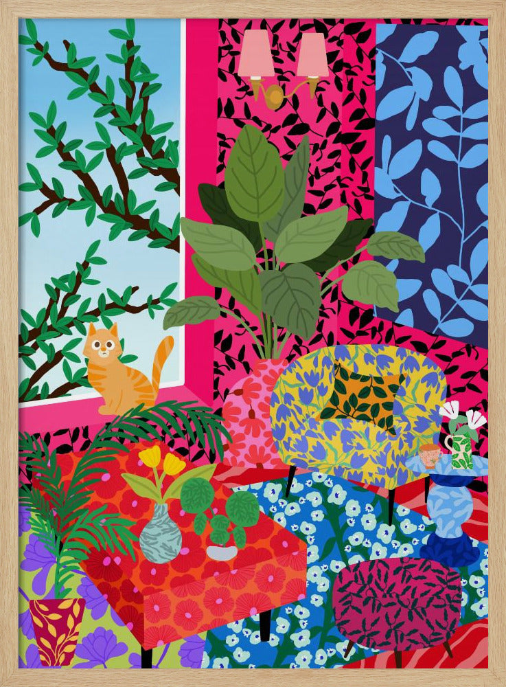 Kat in Flower Power Woonkamer | Poster