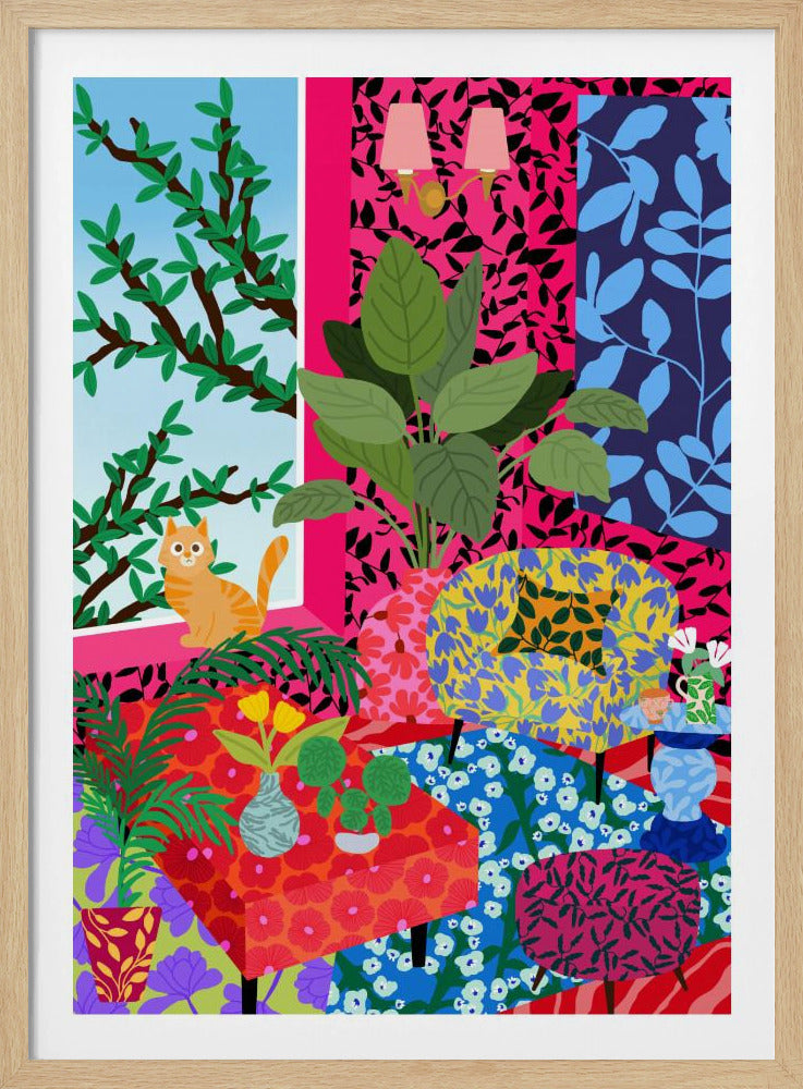 Kat in Flower Power Woonkamer | Poster