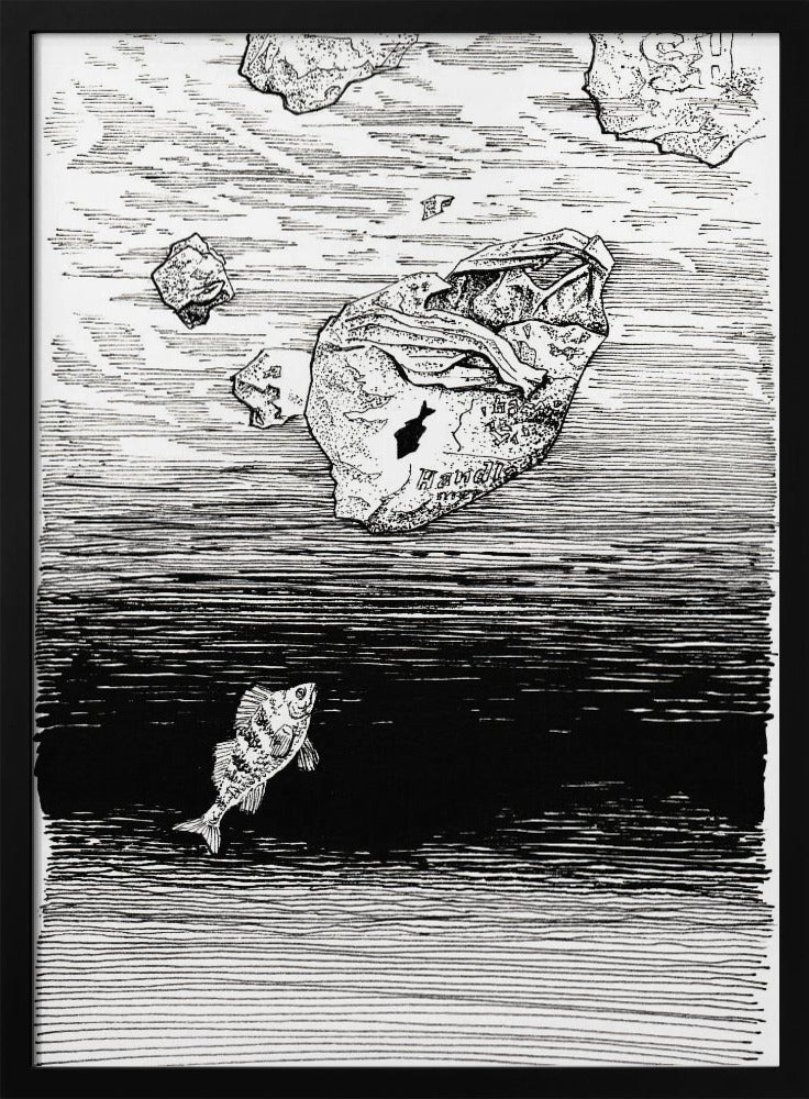 Midless. Een vis in de plastic zee. Inkttekening. | Poster