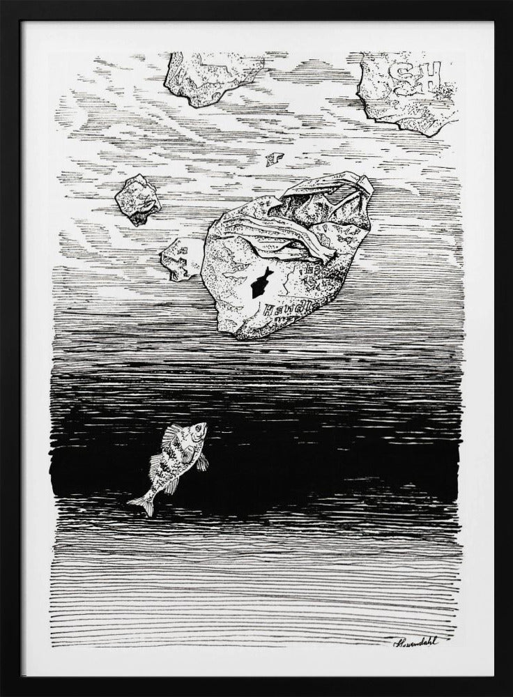 Midless. Een vis in de plastic zee. Inkttekening. | Poster