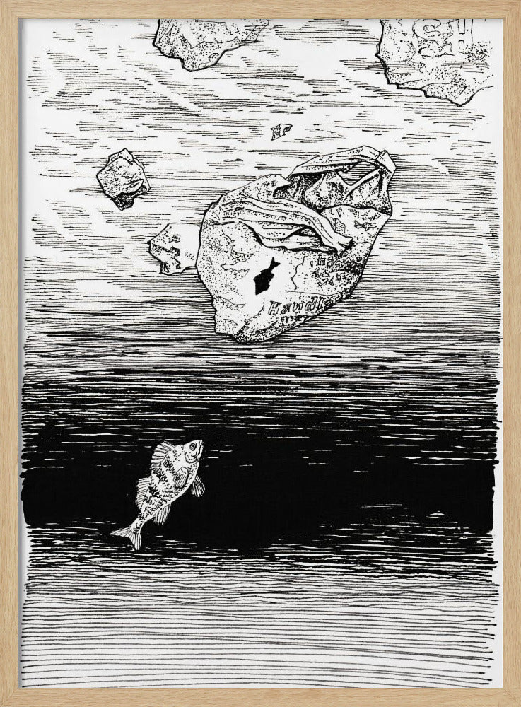 Midless. Een vis in de plastic zee. Inkttekening. | Poster