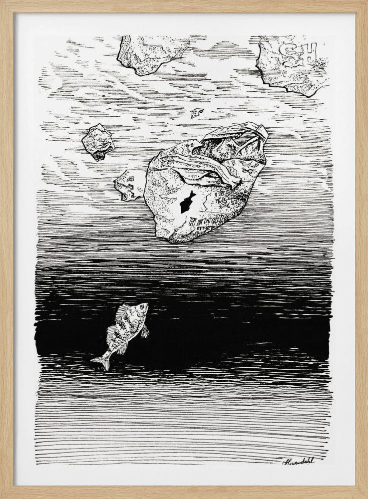 Midless. Een vis in de plastic zee. Inkttekening. | Poster