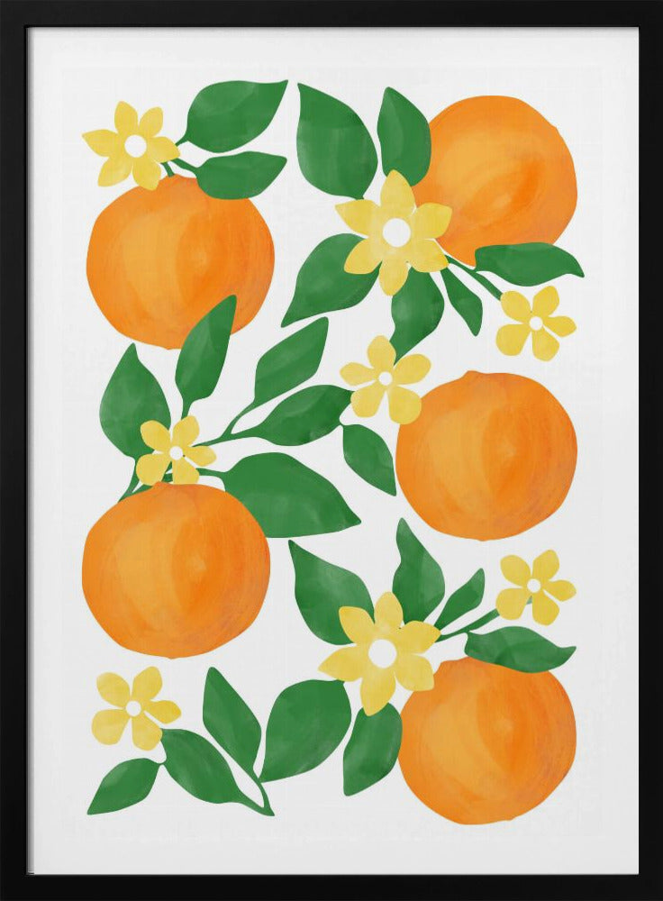 Sinaasappels met groene bladeren en delicate gele bloemen | Poster