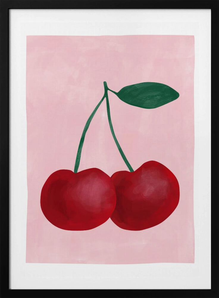 Rode kersen met een groen blad | Poster