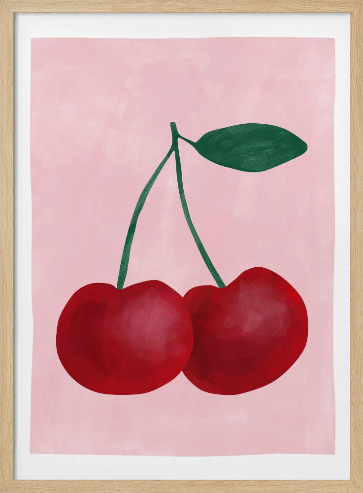 Rode kersen met een groen blad | Poster