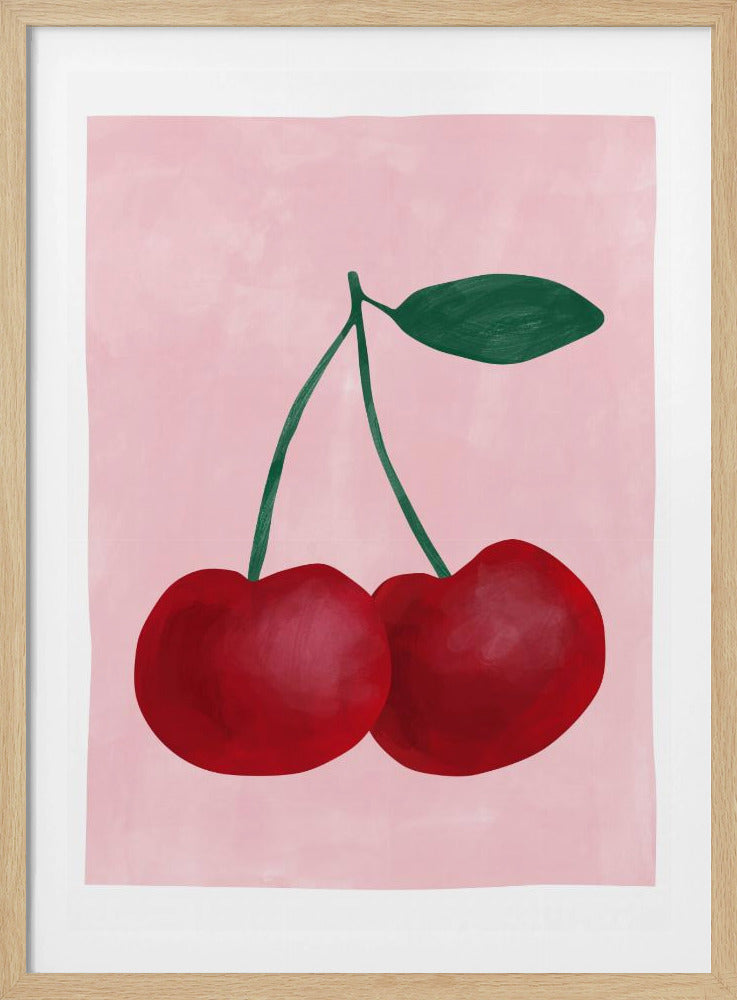 Rode kersen met een groen blad | Poster