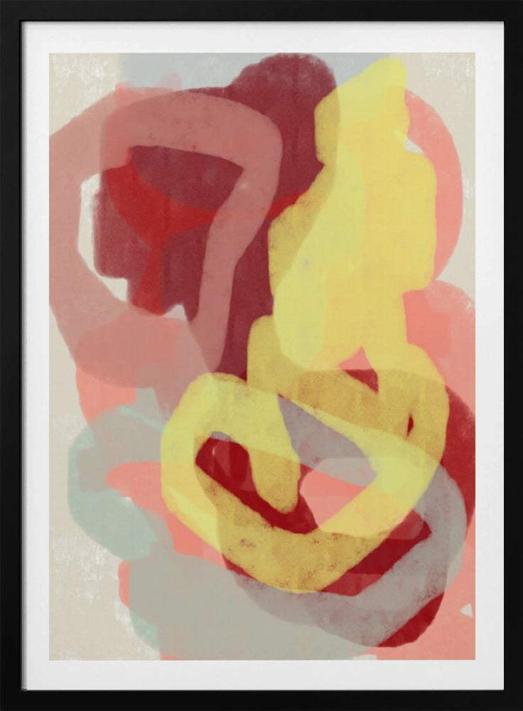 Abstract schilderij in pastel. Geel, rood en grijs. | Poster