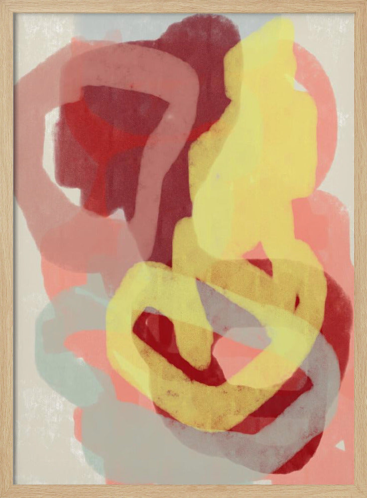 Abstract schilderij in pastel. Geel, rood en grijs. | Poster