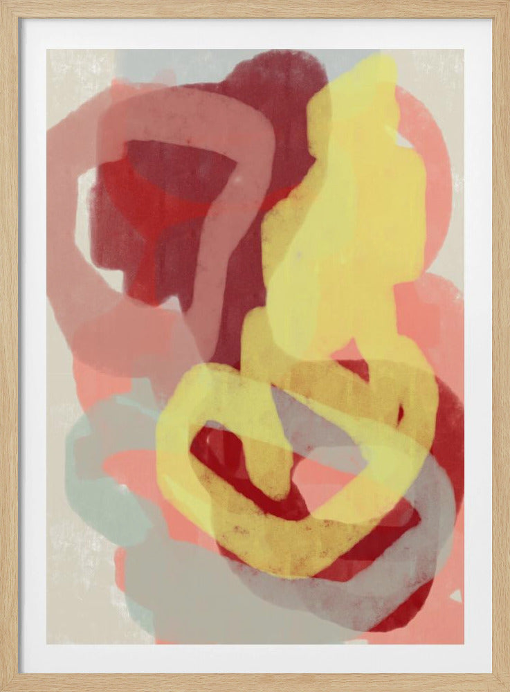 Abstract schilderij in pastel. Geel, rood en grijs. | Poster