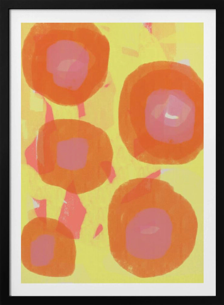 Abstract schilderij. Boho rozen in oranje en roze op geel. | Poster