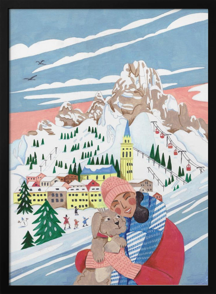 Wintertafereel: vrouw en hond | Poster