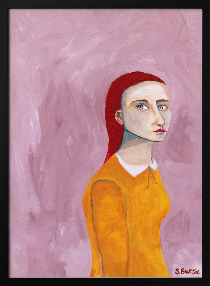 Dame in de gele jurk en roze achtergrond | Poster