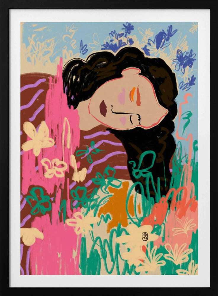 Expressieve figuur omringd door kleurrijke bloemen | Poster