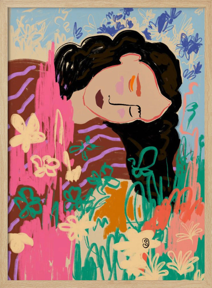 Expressieve figuur omringd door kleurrijke bloemen | Poster