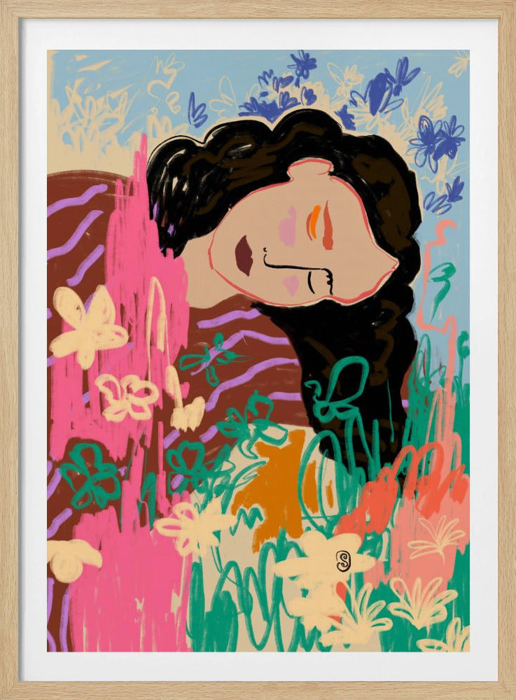 Expressieve figuur omringd door kleurrijke bloemen | Poster