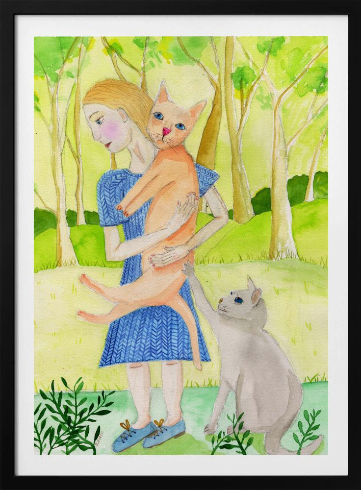 Dame met de oranje en grijze kat. | Poster