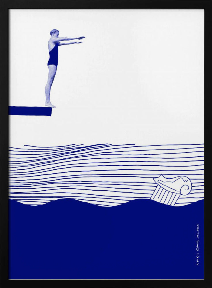 Modern Vintage Beach Wall Art, Nautical Art Print, Woman Swimming In Abstract Sea | Poster