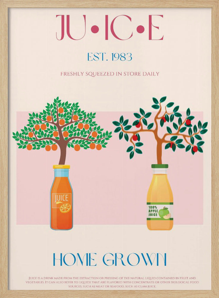 Sinaasappel- en appelbomen met sapflessen | Poster