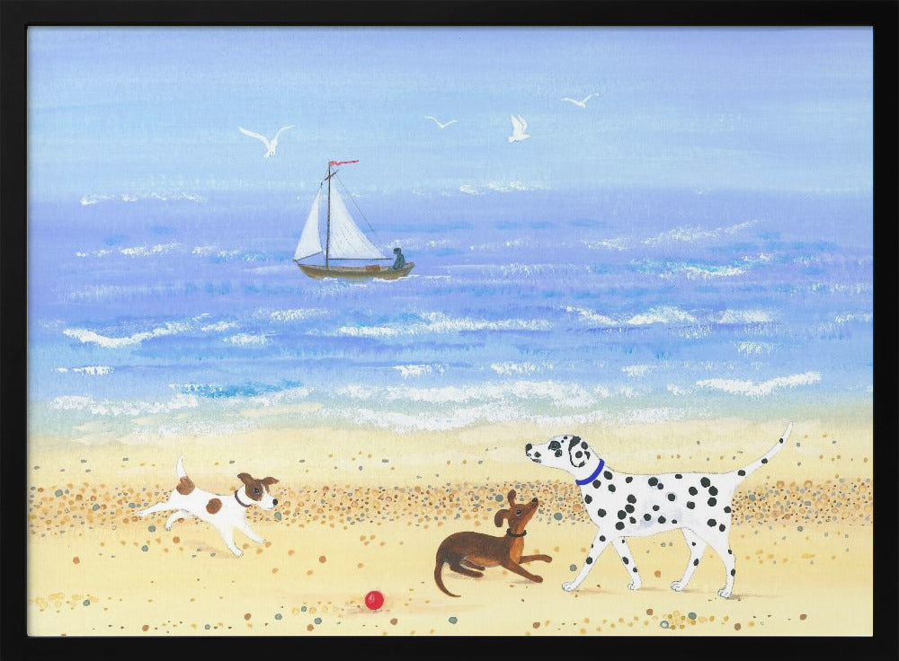 Hondje speelt op het strand | Poster