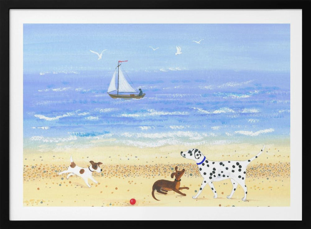 Hondje speelt op het strand | Poster