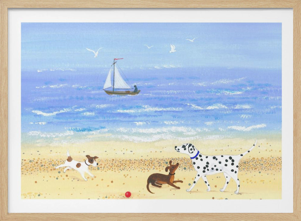 Hondje speelt op het strand | Poster