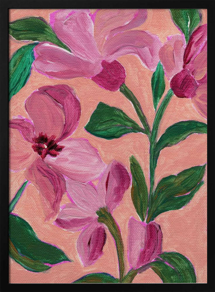 Roze bloemen met opvallende groene bladeren | Poster