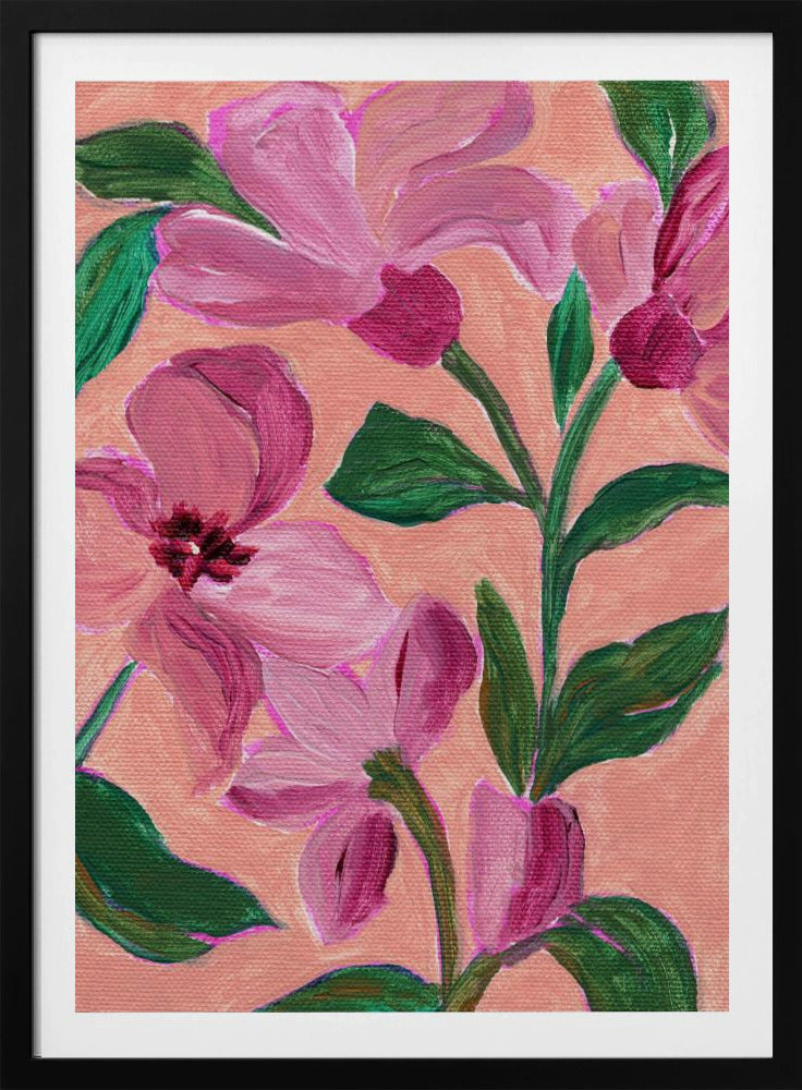 Roze bloemen met opvallende groene bladeren | Poster