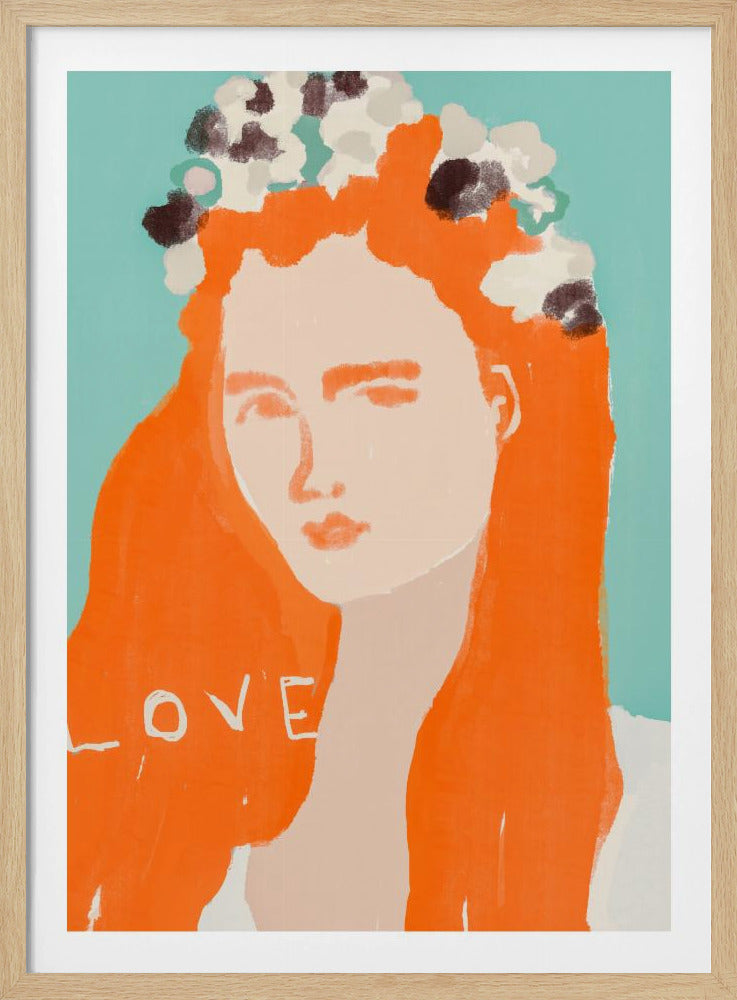 Vrouw met oranje haar versierd met bloemen | Poster