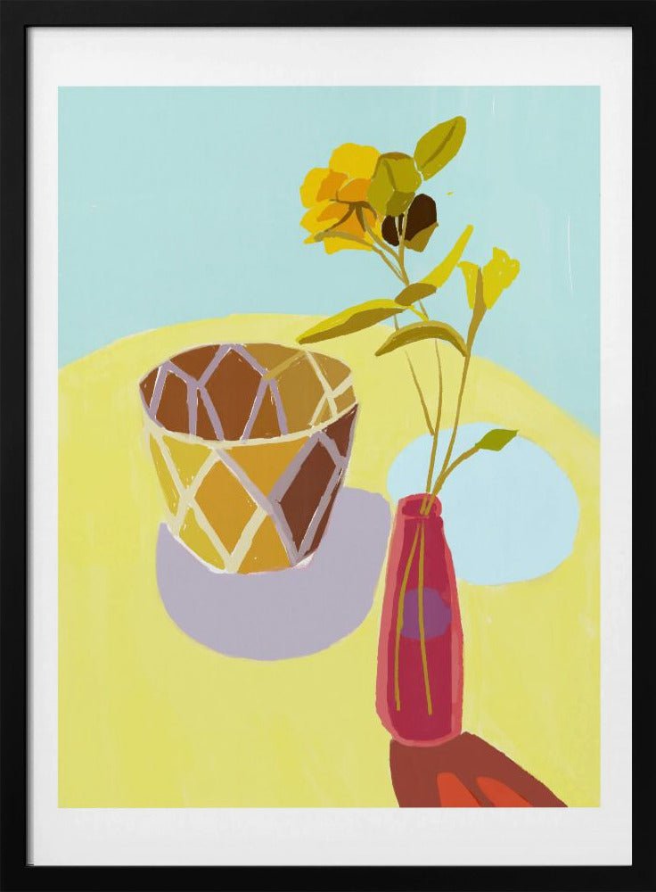 Gele bloemen in een rode pot | Poster