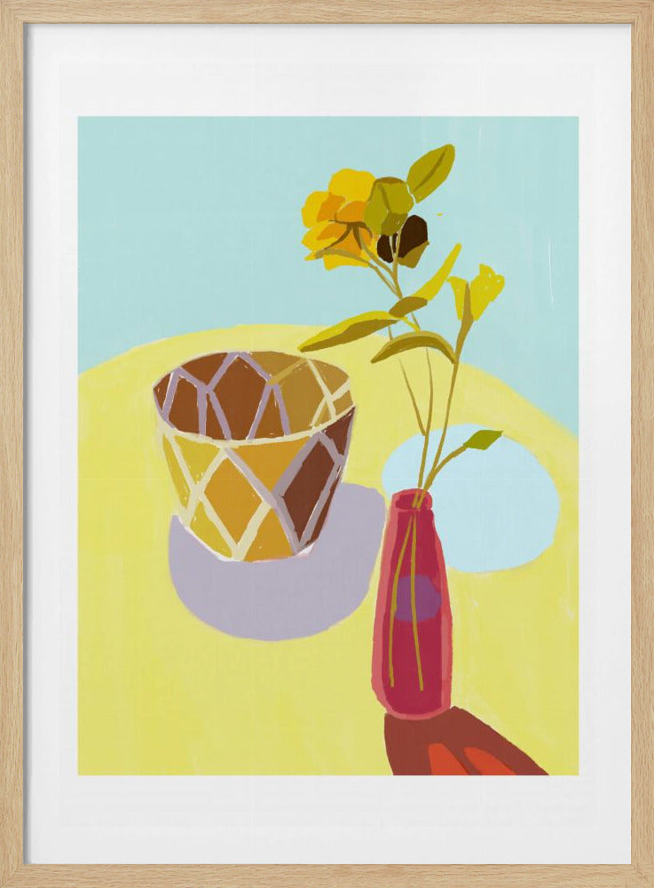 Gele bloemen in een rode pot | Poster
