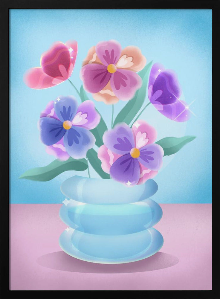 Bloemblaadjes in blauwe vaas | Poster