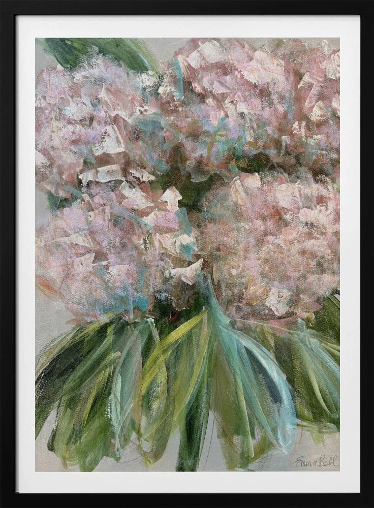 Roze hortensia's met groene bladeren | Poster
