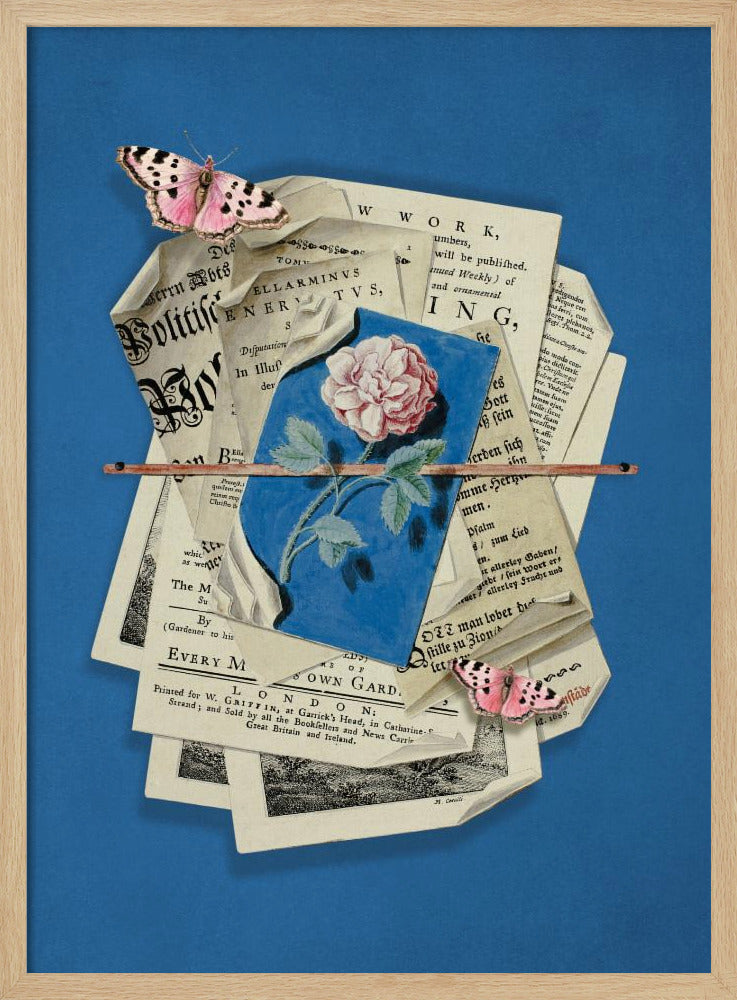 Roze roos omringd door vintage papier | Poster